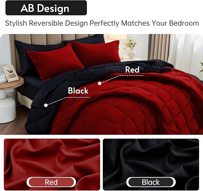 MUXHOMO 7 Pieces Oversized Queen Comforter Set, Reversible Bed in a Bag Oversized Queen Size, All Season Bedding Set with Comforter, Flat Sheet, Fitted Sheet, Pillowcases & Shams, Red & Black