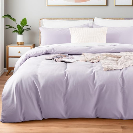 NEXHOME PRO King Duvet Cover Set, 100% Washed Cotton with Linen-Like Texture, Natural Organic, Breathable & Comfortable, Includes Home Bedding Set Lilac (No Comforter) 10490