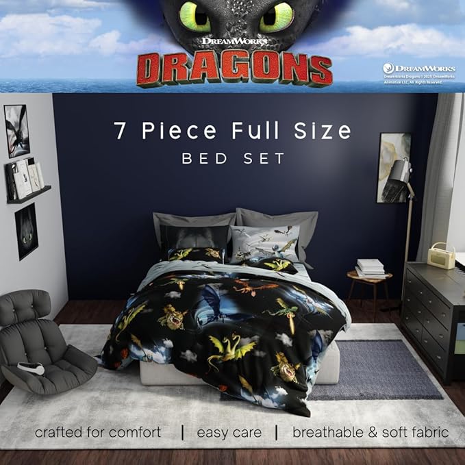 How to Train Your Dragon Kids Bedding Super Soft & Cozy Reversible Microfiber Comforter and Sheet Set with Sham, 7 Piece Full Size, (Officially Licensed Product) by Franco