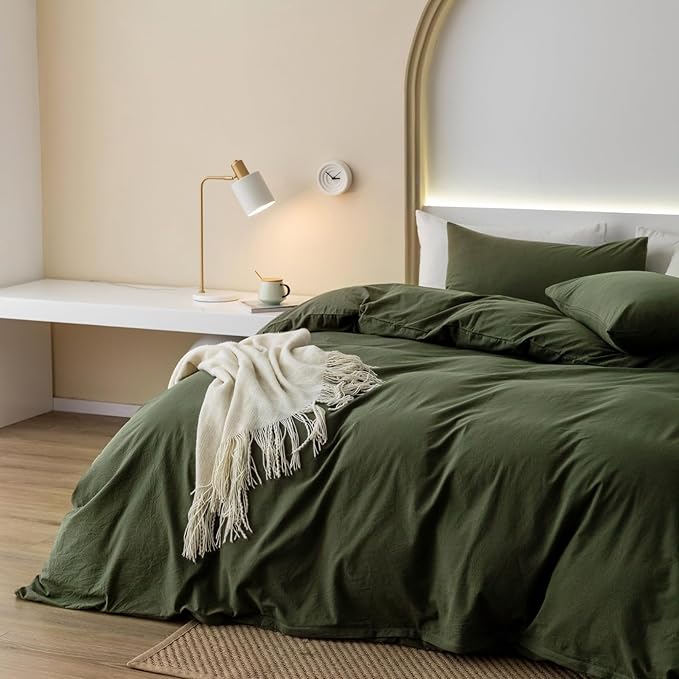 JIYUAN 100% Washed Cotton Duvet Cover Set 3 Pieces Oversized Queen, 1 Duvet Cover 98x98 Inches(Comforter Not Included) and 2 Pillowcases,Linen Feel Bedding Set Comfy and Breathable,Olive Green