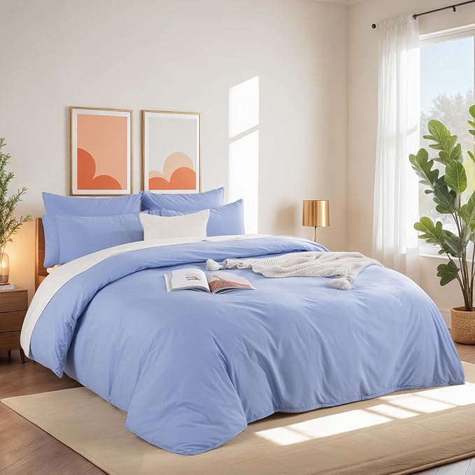 NEXHOME PRO King Duvet Cover Set, 100% Washed Cotton with Linen-Like Texture, Natural Organic, Breathable & Comfortable, Includes Home Bedding Set Baby Blue (No Comforter) 10490