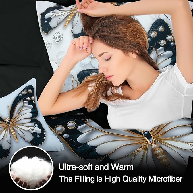 A Nice Night 6pcs Bed in A Bag Black and Glod Dreamy 3D Butterfly Printed, with Pearl Flower Design Butterflies Bedding Queen Comforter Set, for Girls Kids Teens