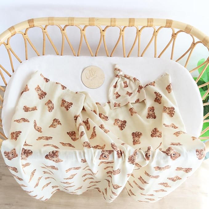 LifeTree Muslin Swaddle Blankets, Muslin Baby Swaddle Blanket and Hat Set with Birth Announcement Card, Newborn Unisex Receiving Blankets Bear Pattern