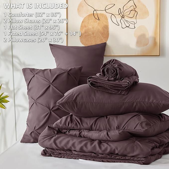 CozyLux Full Size Comforter Sets Cocoa Powder, 7 Pieces Pintuck Bed in A Bag Cocoa Powder Comforter Full Size, Pinch Pleat Bedding Sets with All Season Comforter, Sheets, Pillowcases & Shams