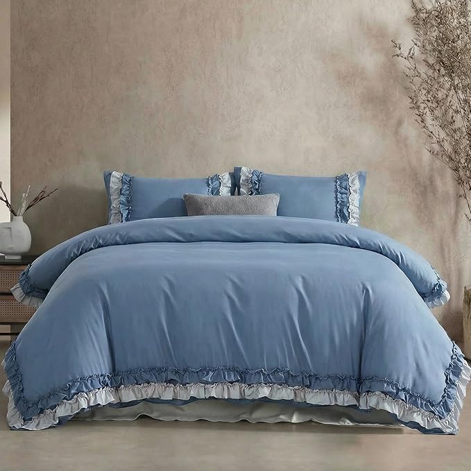 Blue Ruffle Duvet Cover Set Shabby Chic Boho Bedding Queen Elegant Lace Fringe Ruffled Bedding Super Soft Lightweight All Season Duvet Cover with Pillowcases