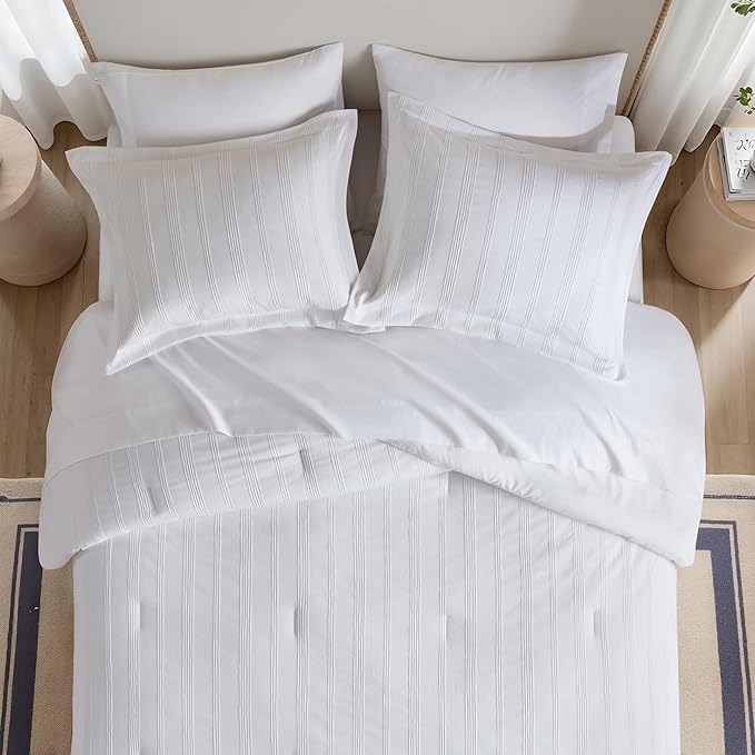 Madison Park Essentials Striped Comforter Set Full, 7 Pieces Modern Minimalist Jacquard Bedding Set for All Season, Bed in A Bag with Sheet Set and Soft Brushed Reverse, Lightweight White