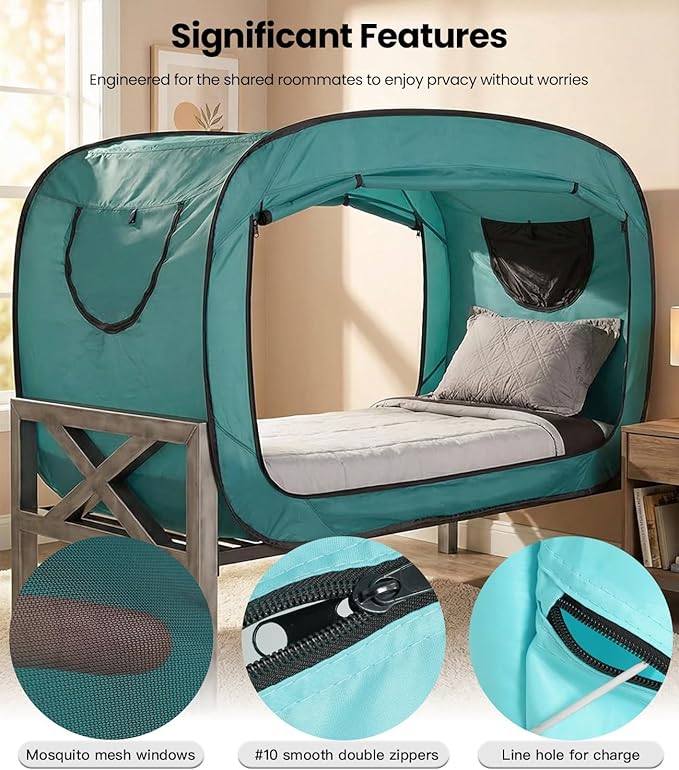 Bed Tent Twin Bed Canopy Portable Dream Tent for Adult Indoor Sleeping Tents with 2 Doors Breathable Private Space Tents, Teal