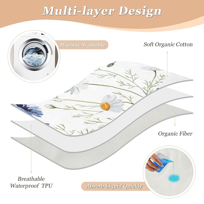 Waterproof Bed Pad Reusable Changing Pad Toddler Mattress Protector Large Pee Pad Baby Diaper Pad Soft Washable Liner White Daisy