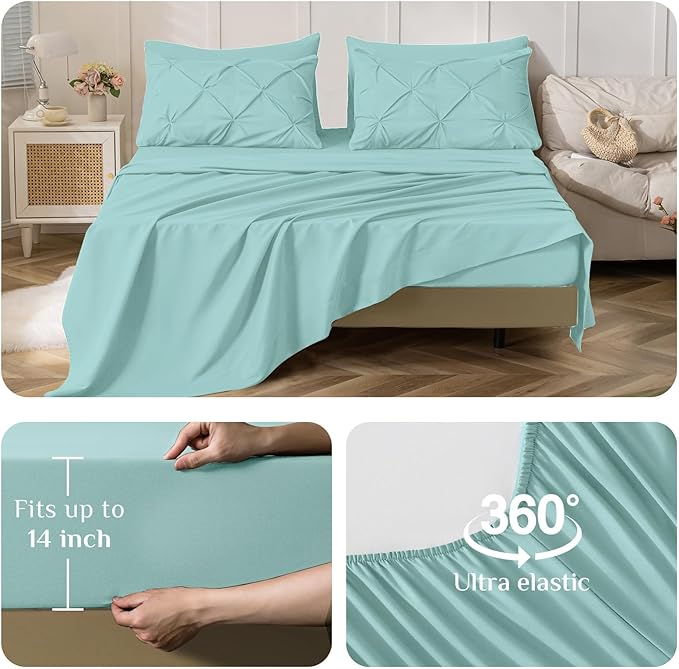 JOLLYVOGUE Queen Comforter Set 7 Pieces - Bed in a Bag Queen for All Season, Pintuck Bedding Comforter Sets with Comforter, Flat Sheet, Fitted Sheet and Pillowcases & Shams, Lake Blue