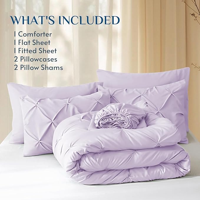 JOLLYVOGUE California King Comforter Set 7 Pieces - Bed in a Bag Cal King for All Season, Pintuck Bedding Comforter Sets with Comforter, Flat Sheet, Fitted Sheet and Pillowcases & Shams, Light Purple