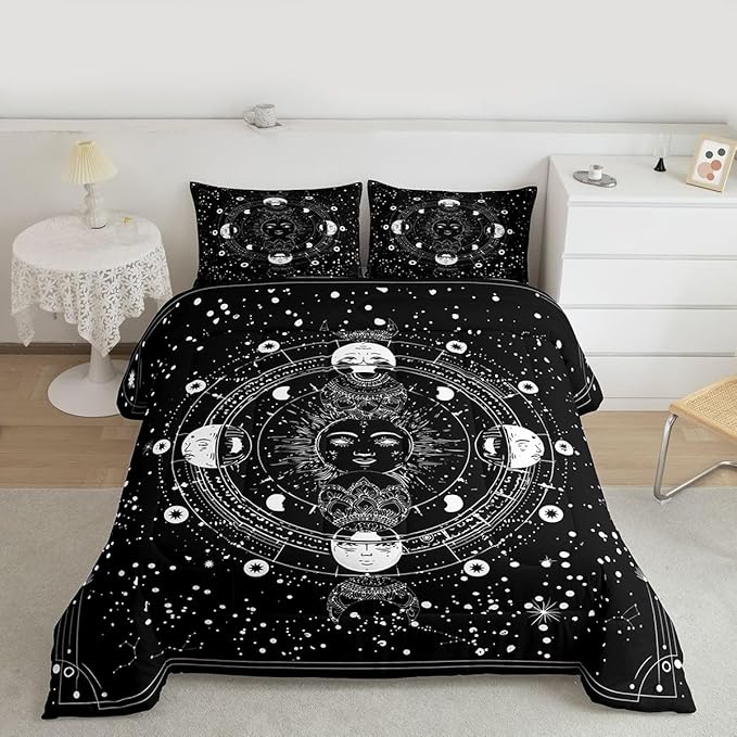 Feelyou Sun Moon Comforter Queen Size Black White Psychedelic Constellation Comforter Set Boho Exotic Mandala Bedding Set Galaxy Astrology Space Duvet Set Soft Chic Mystic Star Room Decor Quilt Boys