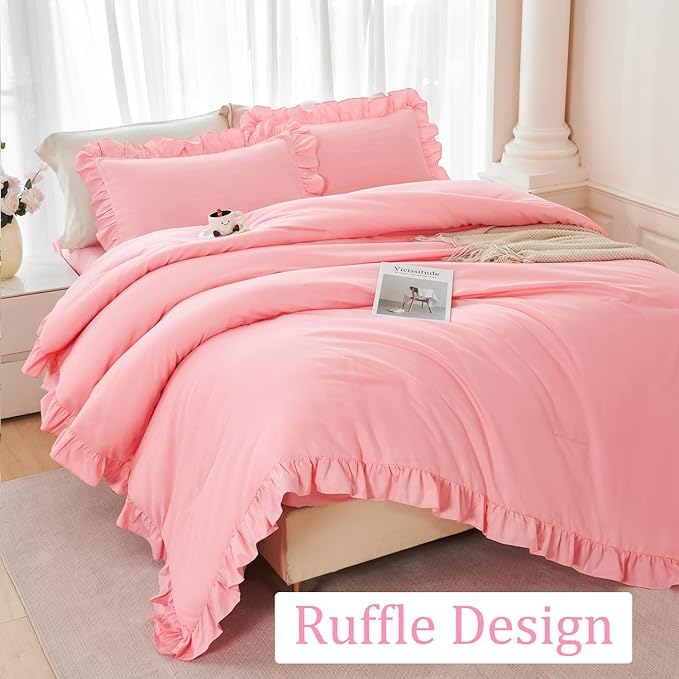 ANGIYUIN 5Pcs Coral Pink Comforter Set Queen Size Ruffled Bedding Sets for Girls Women Shabby Chic Ruffle Solid Bed in A Bag with Sheets All Season Fluffy Bed Set(Coral Pink Queen)