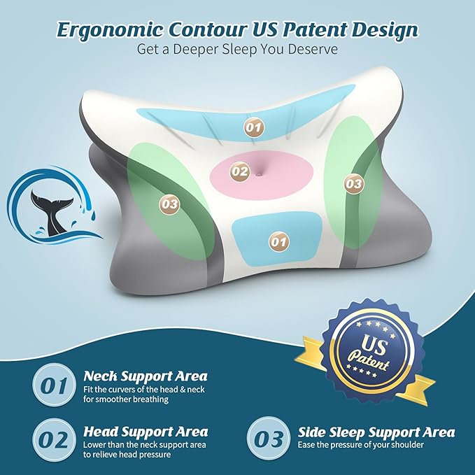 Cervical Neck Pillow for Pain Relief, Bed Pillows for Sleeping, Ergonomic Cooling Pillow, Orthopedic Contour Pillow for Side Back Stomach Sleepers,Neck Support Memory Foam Pillows (White&Grey)