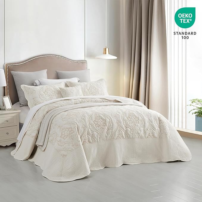 CHIXIN Bedspread Coverlet Set Queen Size - Lightweight Bedding Cover - Beautiful Stitching - 5 Piece Reversible Bedspread - Gorgeous Damask Paisley Pattern (Queen, Ivory-Yellow)