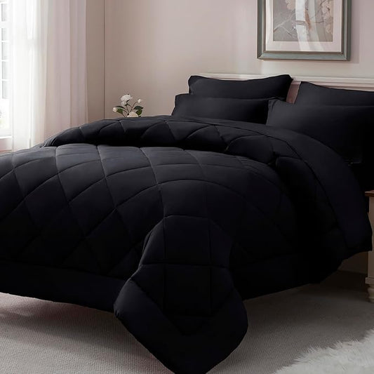 ELNIDO QUEEN® Full Comforter Set Black - 7 Pieces Bed in a Bag Full Size, Bed Set for All Seasons, Ultra Soft Bedding Sets with Comforter, Flat Sheet, Fitted Sheet, Pillowcases and Pillow Shams