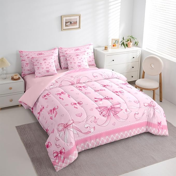 Feelyou Pink Bowknot Twin Comforter Set with Sheets for Kids Boys Girls Dreamy Princess 7 Pieces Bedding Set Cute Bow Bed in a Bag Love Hearts Room Decor Soft Lightweight Microfiber
