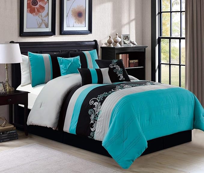 Chezmoi Collection Napa 7-Piece Luxury Leaves Scroll Embroidery Bedding Comforter Set (Oversized King, Teal Blue/Gray/Black)