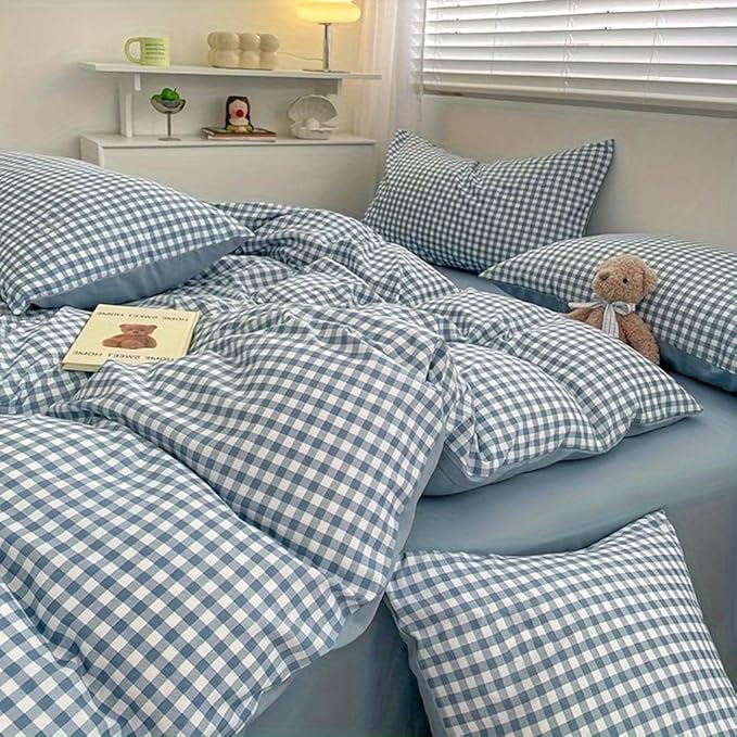 Nayoroom Blue Gingham Duvet Cover Queen Size Plaid Checkered Comforter Cover 3 Pieces Soft Lightweight Washed Microfiber Farmhouse Grid Dorm Bedding Set with Pillowcases