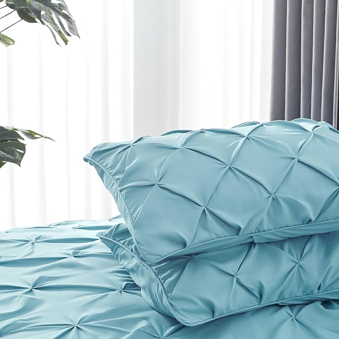 Fluffy Comforter Queen Set, 7 Pieces Pinch Pleat Design Bedding Set, Down Alternative Comforter with 2 Pillow Shams, 2 Pillowcases, 1 Flat Sheet, 1 Fitted Sheet (Stone Blue Pinch Pleat, Queen)