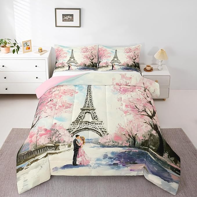 Paris Decor Comforter Set King Girly French Eiffel Tower Bedding Sets For Girls Kids Women Couple Bedroom Pink Cherry Blossoms Duvet Insert Watercolor Paris Tower Comforter Valentine 3 Pieces