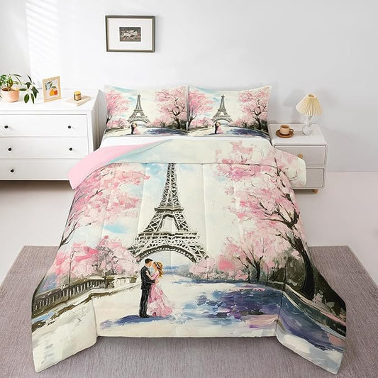 Paris Decor Comforter Set King Girly French Eiffel Tower Bedding Sets For Girls Kids Women Couple Bedroom Pink Cherry Blossoms Duvet Insert Watercolor Paris Tower Comforter Valentine 3 Pieces