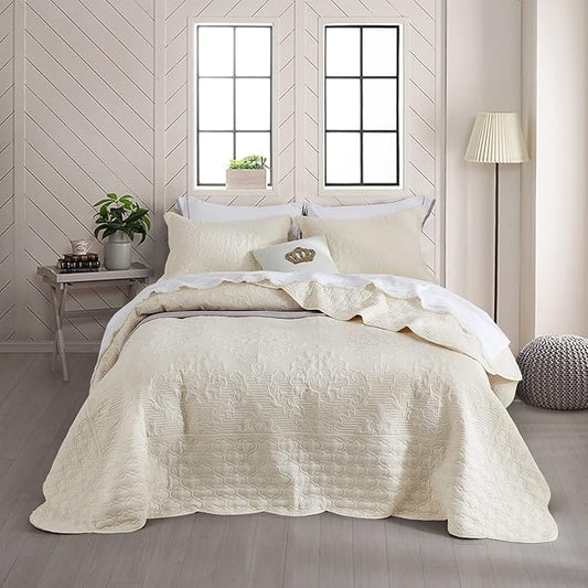 CHIXIN Bedspread Coverlet Set Queen Size - Lightweight Bedding Cover - Ultrasonic Quilting - 5 Piece Reversible Bedspread - Elegant Damask Paisley Pattern (Queen, Ivory)