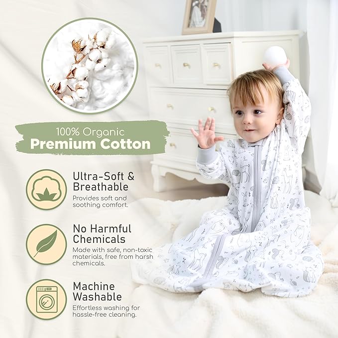 Mama Cheetah Baby Sleep Sack with Sleeves, 0.5 TOG Organic Cotton Wearable Blanket and Two-Way Zipper, Swaddle Transition Long Sleeve Sleeping Bag for Newborn Infant Toddler, 0-6 Months