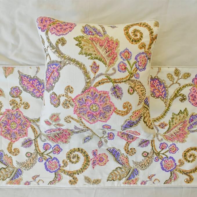 The HomeCentric King/Queen/Twin White & Pink Designer Full 68"x18" Bed Runner with 2 Pillow Cover, Floral, Printed, Sequins, Beaded, Embroidery & Handmade Bed Scarf on Cotton Fabric - Aster