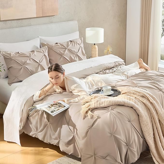 Andency California King Comforter Set Wheat (104x96Inch), Pinch Pleat Cal King Comforter Set 3 Pieces, Oversized King Pintuck Bed Comforter, Microfiber Down Alternative Comforter Bedding Set