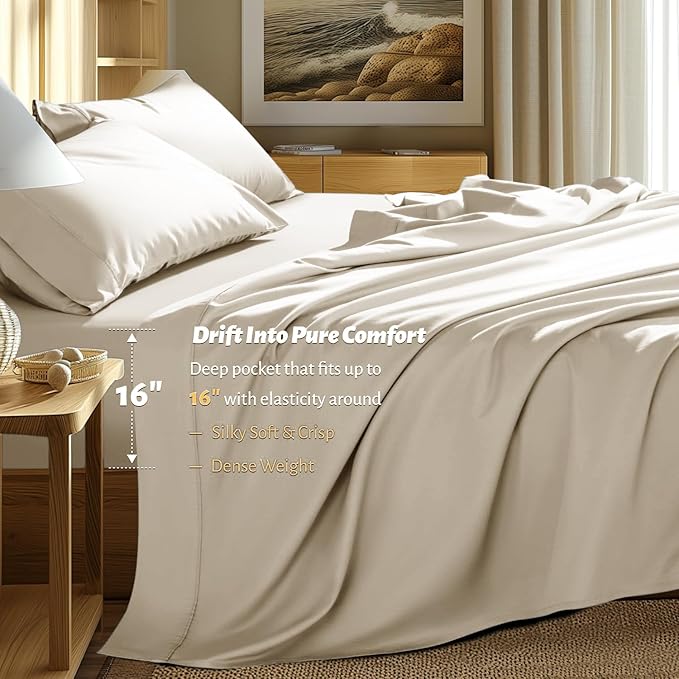 Shilucheng 100% Egyptian Cotton King Size Sheets Set - 1000 Thread Count，Luxury Cotton Bed Sheets，Breathable & Cooling Bedding and Pillow Cases, 16 Inch Deep Pocket - 4 Piece(Cream,King)