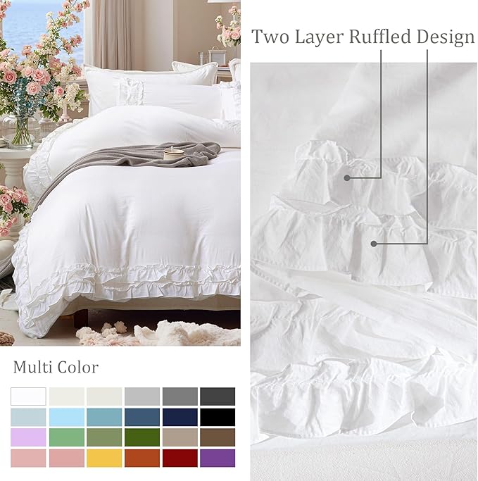 Bedorm White Ruffle Duvet Cover Queen Shabby Chic Bedding Set Pleat Ruffled Farmhouse Pure White Comforter Cover Extra Soft & Easy Care Boho Duvet Cover Set
