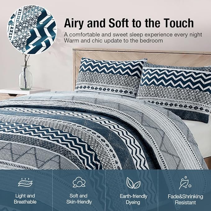 Lekesky Duvet Cover Queen Size, Soft Microfiber Boho Aztec Quilt Cover Set Blue Bohemian Queen Bedding Duvet Cover Sets with Zipper Closure Corner Ties (No Comforter)