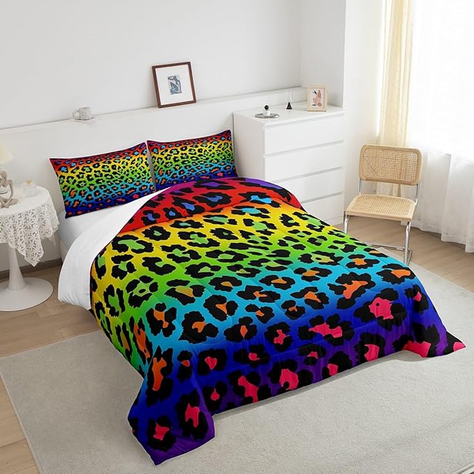 Girls Colorful Leopard Comforter Set Queen Size Women Cheetah Printed Bedding Comforters Africa Leopard Pattern Bedroom Decor Down Alternative Comforter for All Season Rainbow Leopard Print Quilt Set