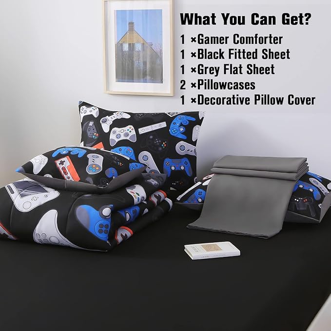 JQinHome Twin Gamer Comforter Set for Boys,6 Piece Bed in A Bag 3D Video Game Bedding -All Season Soft Microfiber Down Alternative Comforter Gamer Bedding Sets for Kids