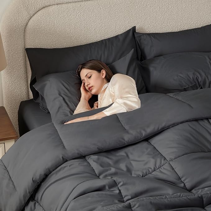 Anluoer Twin Size Bed in a Bag 5 Pieces, Dark Grey Bed Comforter Set with Sheets, All Season Bedding Sets with 1 Comforter, 1 Pillow Sham, 1 Pillowcase, 1 Flat Sheet, 1 Fitted Sheet