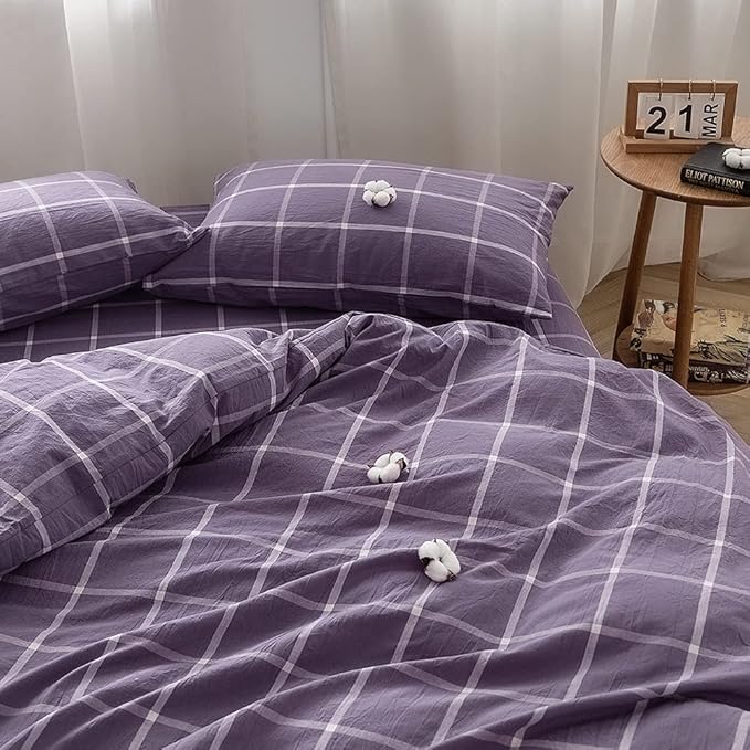 FACE TWO FACE Bedding Duvet Cover Set100% Washed Cotton Duvet Cover Linen Like Textured Breathable Durable Soft Comfy (California King, Purple Grid)