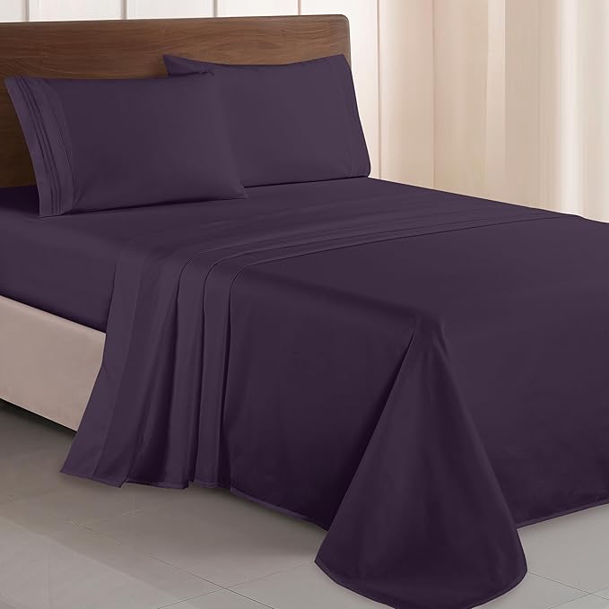 Elegant Comfort Luxurious 1500 Premium Hotel Quality Microfiber Three Line Embroidered Softest 4-Piece Bed Sheet Set, Wrinkle and Fade Resistant, Twin/Twin XL, Eggplant-Purple