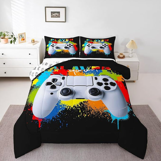 Gamer Comforter Sets for Boys Kids Gaming Comforter King Size Teens Girls Colorful Rainbow Tie Dye Decor Video Games Controller Bedding Set Young Men Player Reversible Quilt for All Season 3Pcs Boys