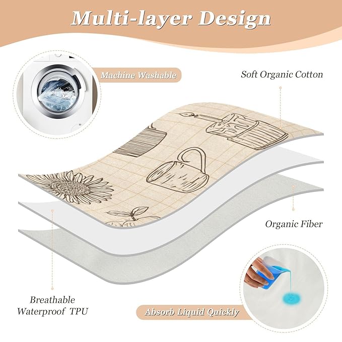 Waterproof Bed Pad Reusable Changing Pad Toddler Mattress Protector Large Pee Pad Baby Diaper Pad Soft Washable Liner Khaki Sketch Pumpkin Thanksgiving