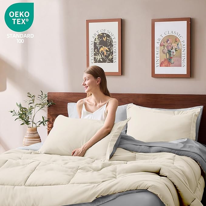 FUANNA Queen Comforter Set 7 Pieces, Reversible Bed in a Bag with All Season Soft Comforter, Bedding Sets Includes Comforter, Flat Sheet, Fitted Sheet, Pillowcases & Shams, Cream White & Light Grey