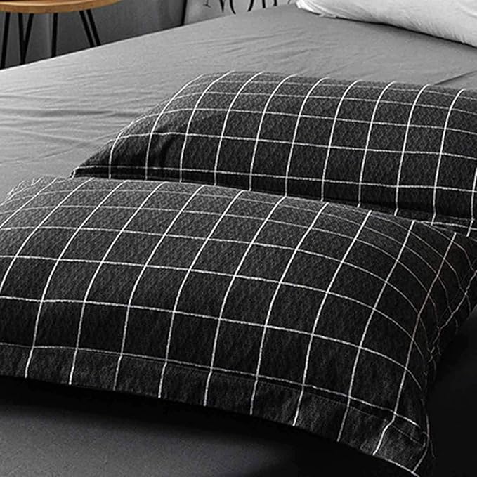 Nanko Queen Duvet Cover Set Black Grid Geometric 3 Pieces 90x90 Luxury Microfiber Quilt Bedding Cover with Zipper Closure, Ties - Organic Modern Style for Men and Women, Plaid