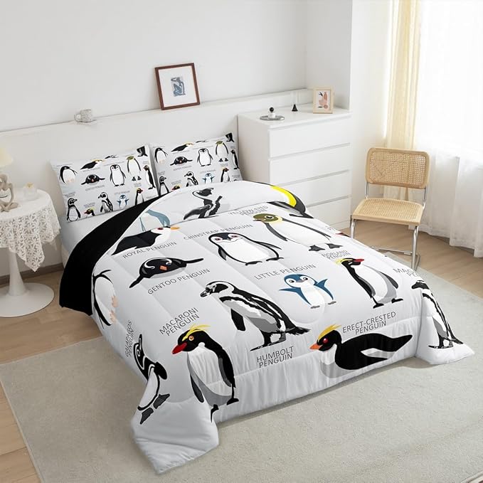 Erosebridal Penguin Comforter Set King Size,Black White Penguins Bedding Set Cute Animal Down Comforter for Kids Boys Girls Teens,Wildlife Grey Bedding Quilted Sets with 2 Pillow Cases Bedroom Decor