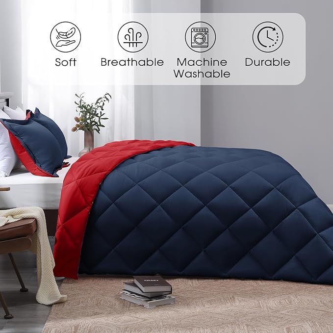 Basic Beyond California King Comforter Set, Navy and Red Comforter Set California King for All Seasons, 1 Comforter 104"x96" and 2 Pillow Shams 20"x36"+2"