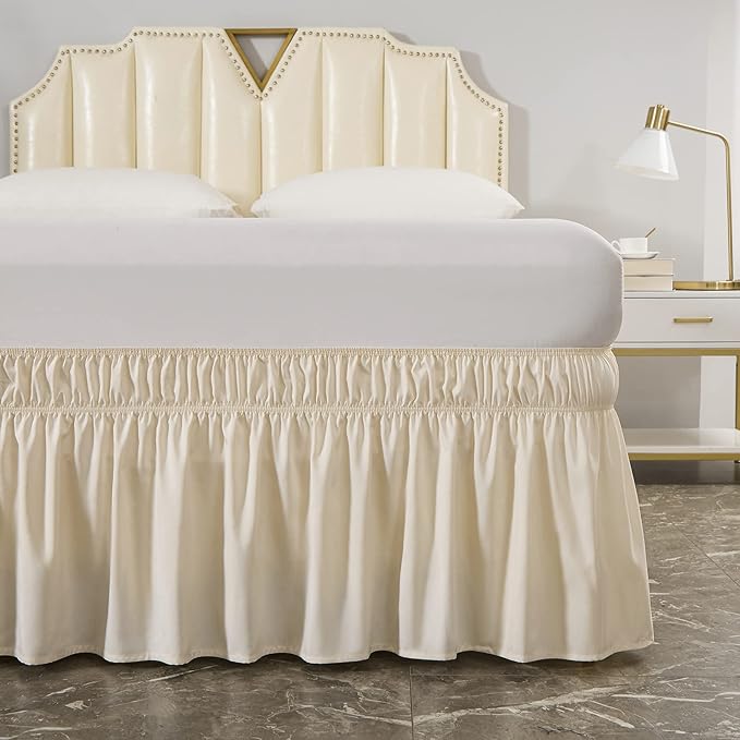 MEILA Wrap Around Bed Skirt Three Fabric Sides Elastic Dust Ruffled 16 Inch Tailored Drop,Easy to Install Fade Resistant-Beige, Twin/Full