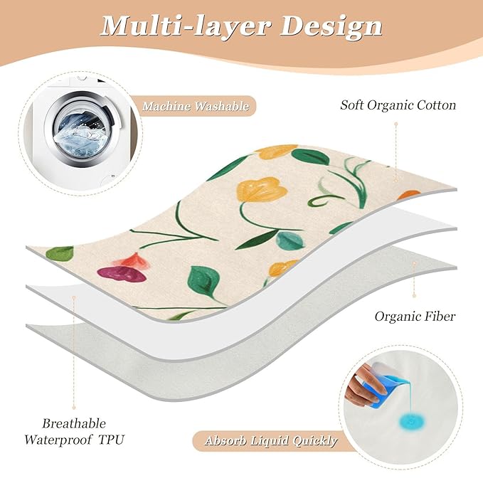 Waterproof Bed Pad Reusable Changing Pad Toddler Mattress Protector Large Pee Pad Baby Diaper Pad Soft Washable Liner Floral Beige Vines Leaves