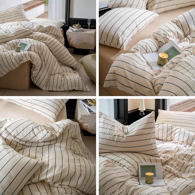 Striped Comforter Set Twin XL Size Grey Stripes Pattern Printed Comforter 3 Pieces Lightweight Boho Bedding Comforter Set for All Seasons Breathable Soft Fluffy Beige Comforter with 2 Pillowcases