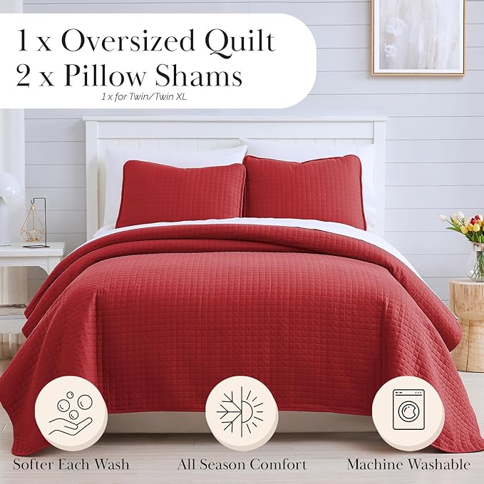 Southshore Fine Living, Inc. Full/Queen Quilt Bedding Set, Microfiber Quilts Queen Size, Coverlet, Stain & Pet Hair Resistant Bedding, Full Size Bedspread with 2 Pillow Shams, Chili Pepper Red