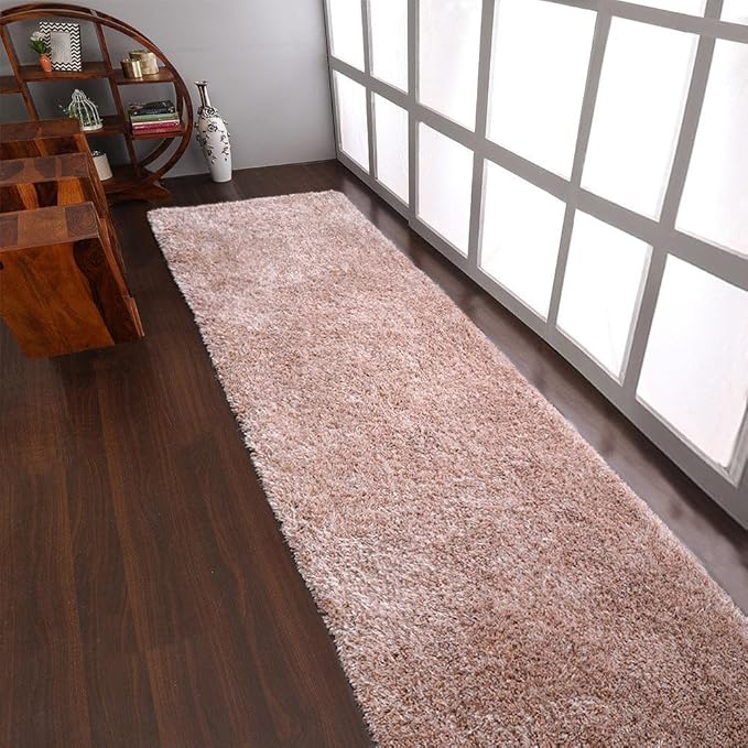 Hand Tufted SHAG Polyester ECO-Friendly Area Rugs - 2'6''x6', Runner, Beige, Solid Plain Design, High Pile Thick Handmade Anti Skid Area Rugs for Living Room, Bed Room K00111