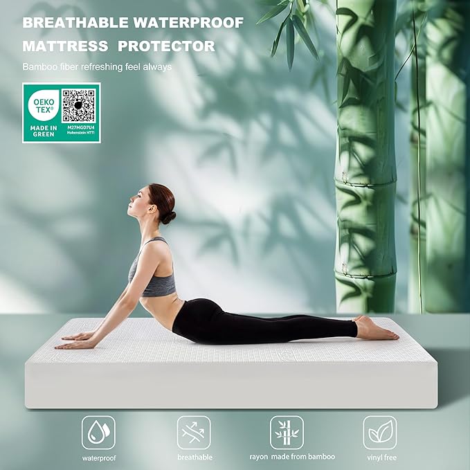 GRT King Waterproof Mattress Protector, Rayon Made from Bamboo Mattress Cover, Breathable Cooling Soft Mattress Protector, Machine Washable Mattress Pad with 8''- 26'' Deep Pocket