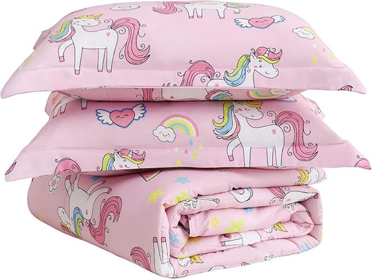 Yibeizi Pink Unicorn Comforter Set for Girls Twin, Kids Rainbow Sweet Printed Bedding Set with Pillow Sham, Cute Lightweight Soft Breathable Machine Washable Quilted Bed Comforter Set 2 Piece